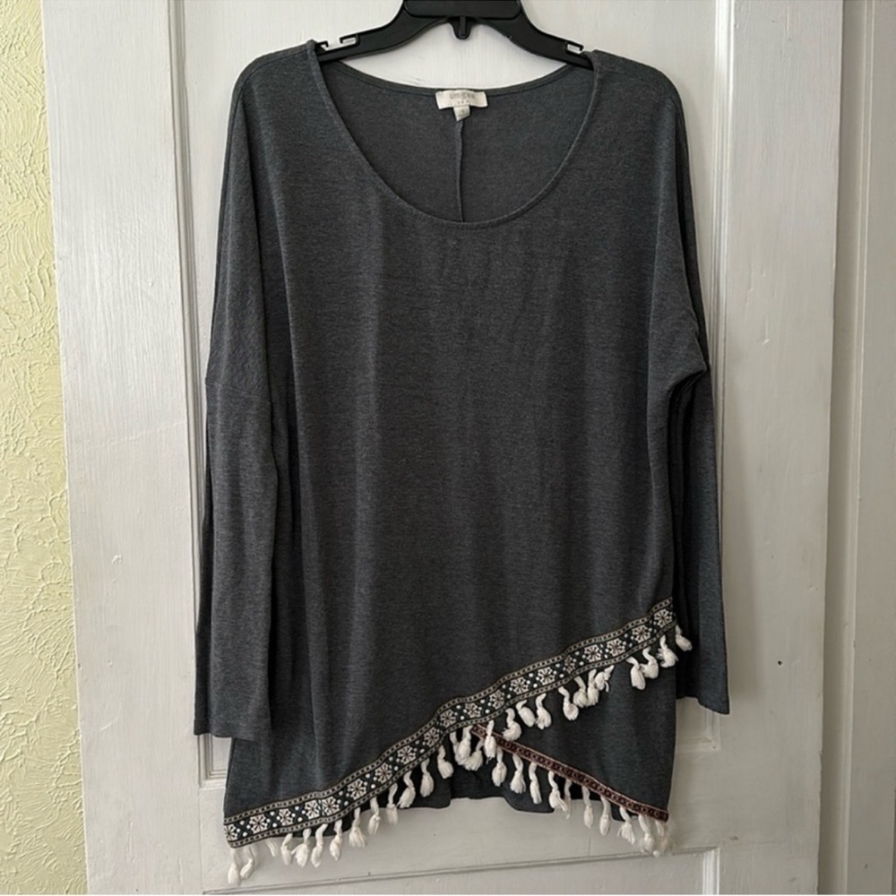 Umgee Boho Long Sleeve Lightweight Tassel Embroidered Hem Tunic Blouse Top
